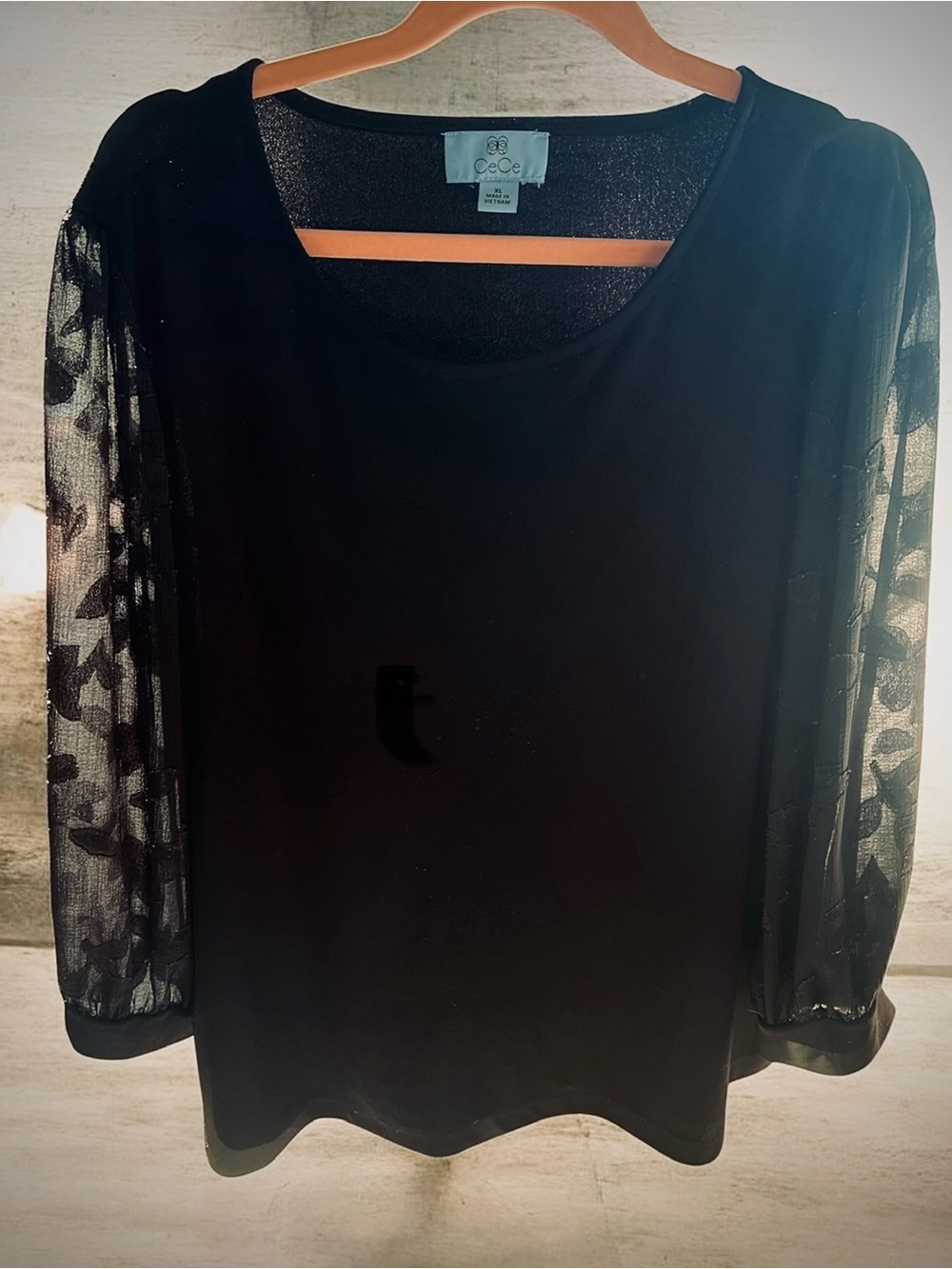 CeCe Black Blouse with Sheer Lace 3/4 Length Sleeves